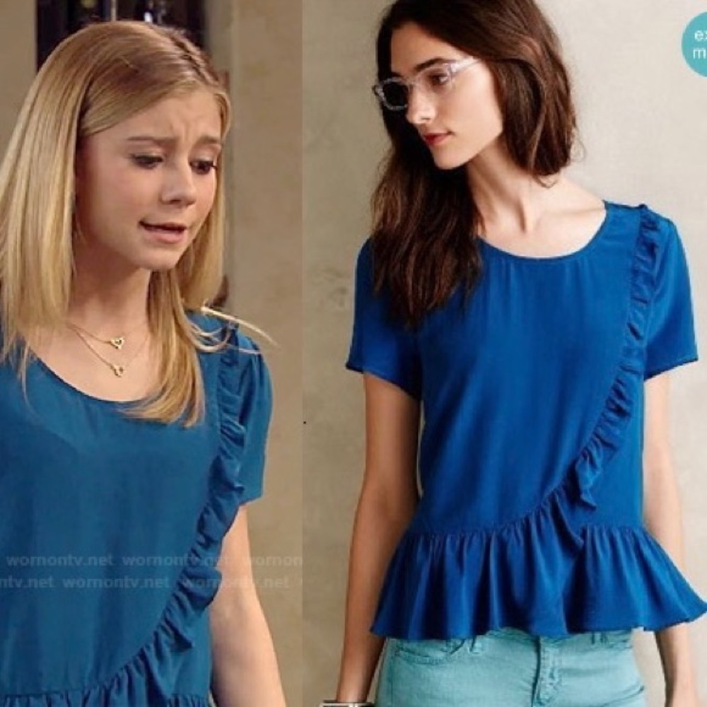 ⭐️ Anthropologie HD in Paris Blue Ruffled Silk Tee 4